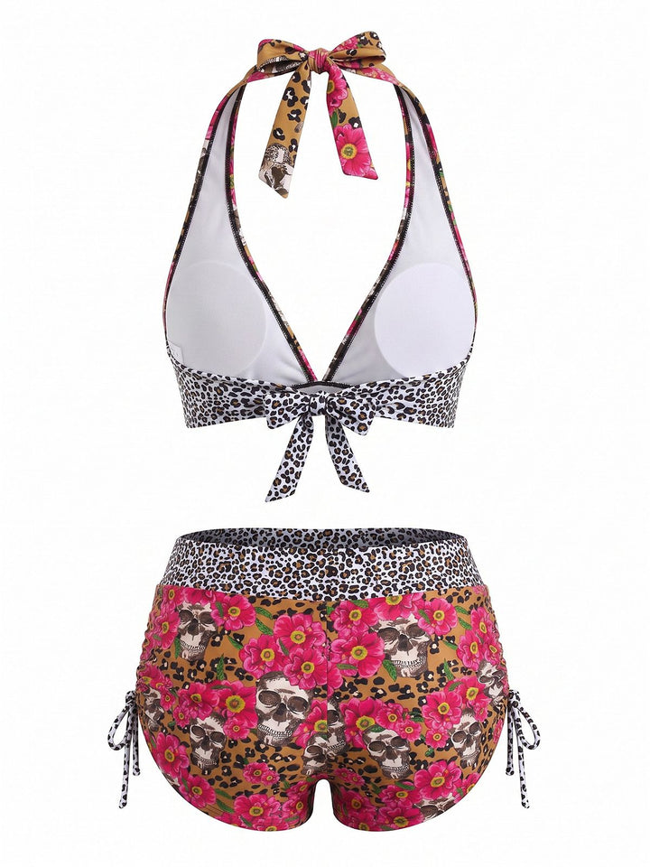 Multicolor Sugar Skull Halter Gothic Bikini Set, vintage swimsuit, swimwear - perfect for women who love vintage and retro fashion