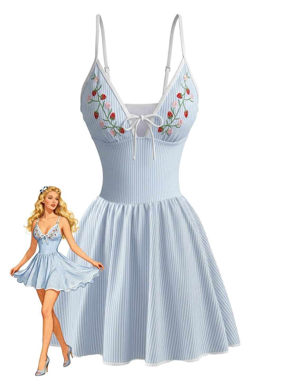 Blue Floral Embroidered Spaghetti Strap Tankini Set