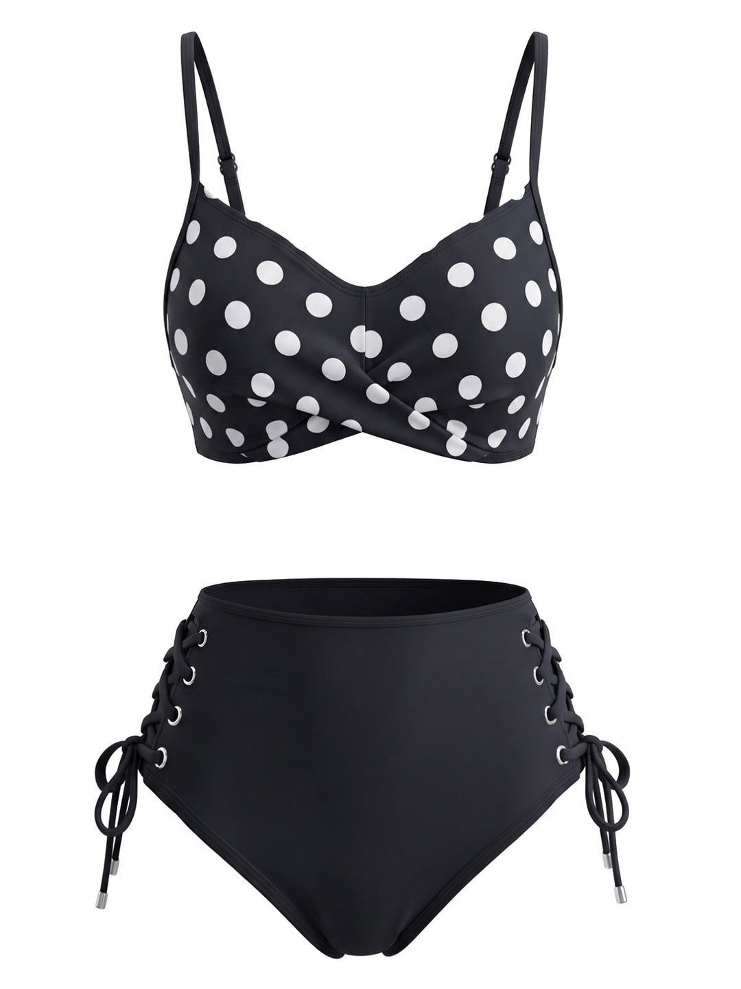 Black Polka Dot Tie Waist High Waist Tankini Set