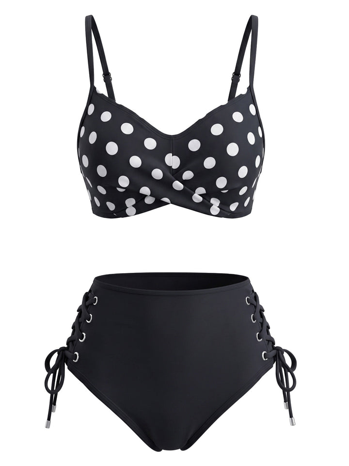Black Polka Dot Tie Waist High Waist Tankini Set