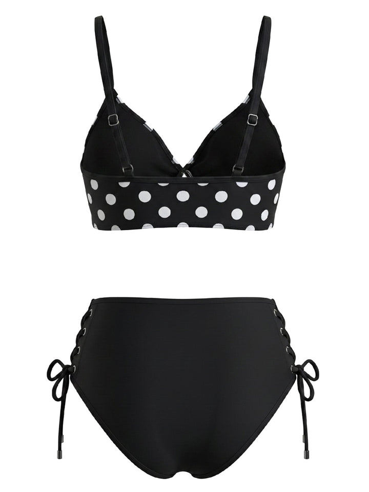 Black Polka Dot Tie Waist High Waist Tankini Set 2