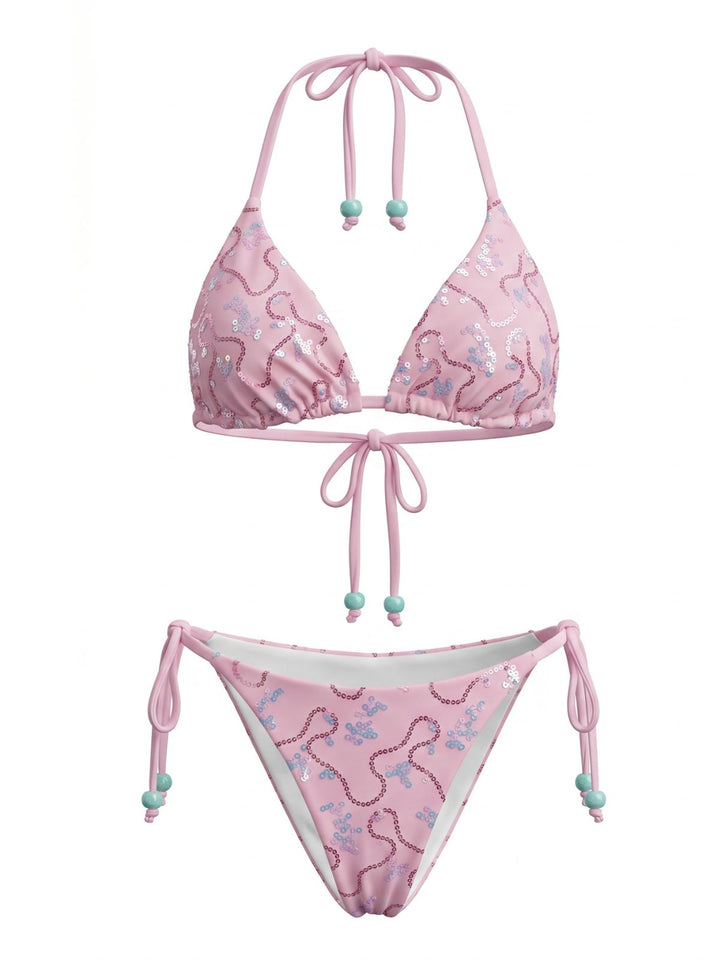 Sequined Halter Beaded Lace-up Bikini Set, vintage swimsuit, swimwear - perfect for women who love vintage and retro fashion