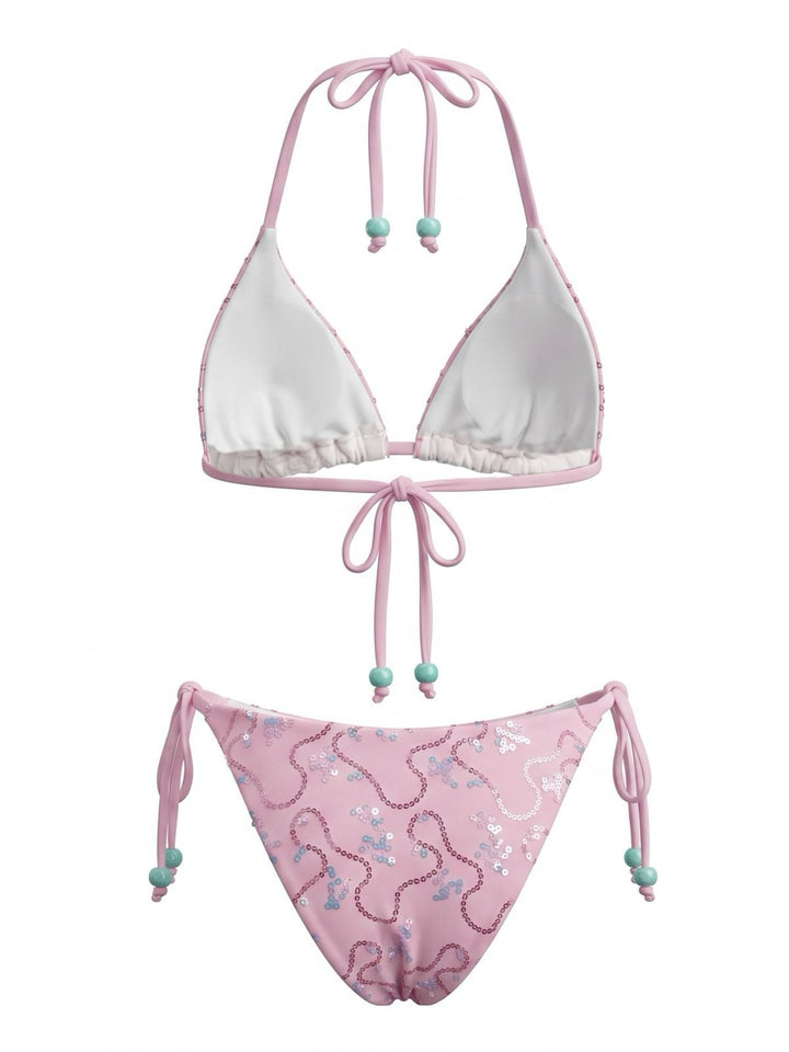 Sequined Halter Beaded Lace-up Bikini Set, vintage swimsuit, swimwear - perfect for women who love vintage and retro fashion