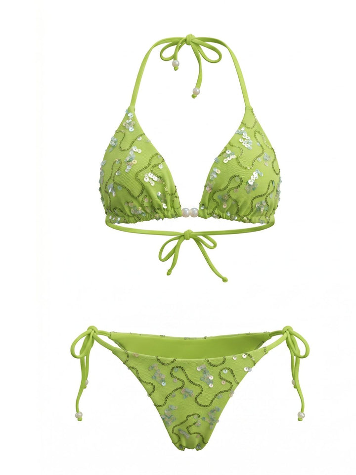 Sequined Halter Beaded Lace-up Bikini Set, vintage swimsuit, swimwear - perfect for women who love vintage and retro fashion