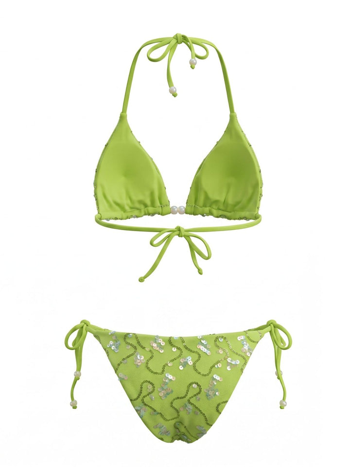 Sequined Halter Beaded Lace-up Bikini Set, vintage swimsuit, swimwear - perfect for women who love vintage and retro fashion