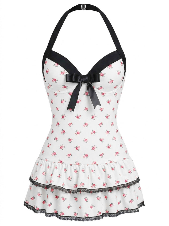 [Pre-Sale] Cream Halter Polka Dots Bow One-Piece Swimsuit