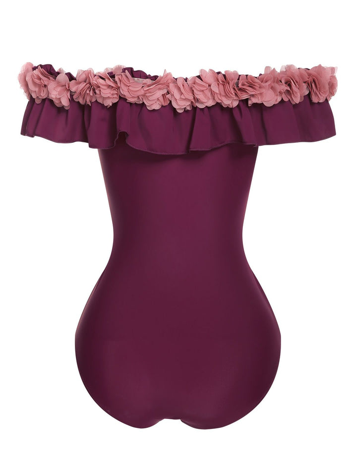 1940s Solid Petal Patchwork One Shoulder Swimsuit, vintage swimsuit, pin-up swimwear - perfect for women who love vintage and retro fashion