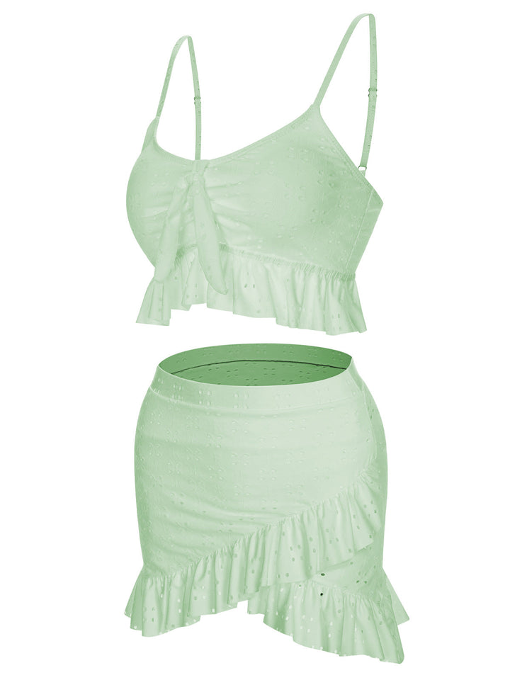 1950s Spaghetti Strap Solid Ruffles Swimsuit &amp; Cover-Up