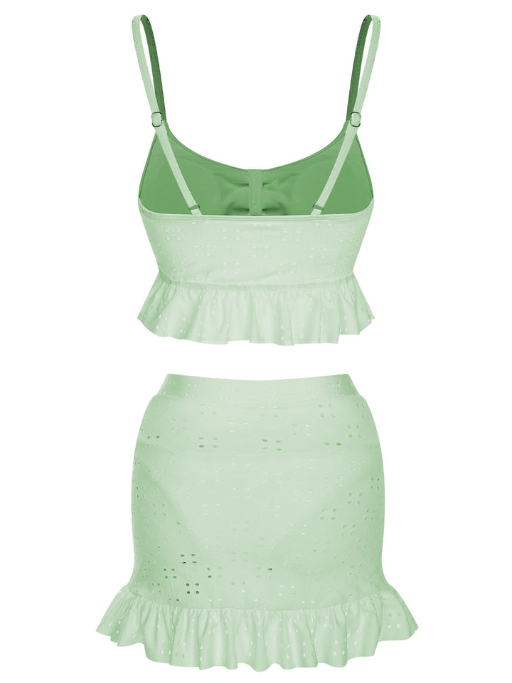1950s Spaghetti Strap Solid Ruffles Swimsuit &amp; Cover-Up