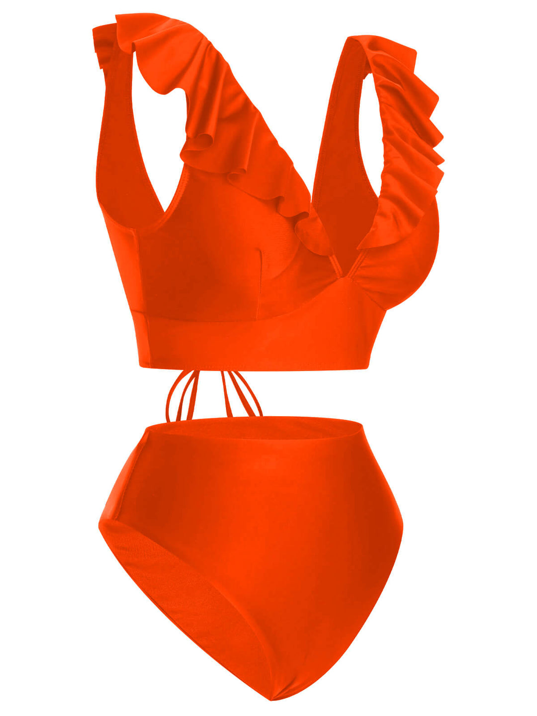 1950s Solid Ruffle Lace-Up V-Neck Swimsuit