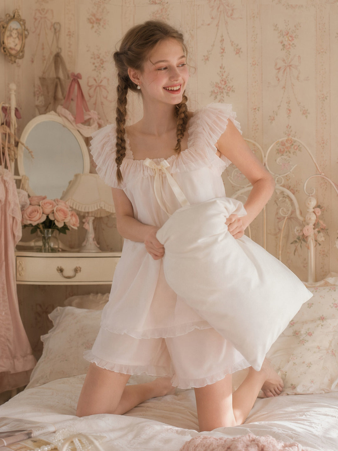 Pink Square Collar Ribbon Pajamas SCY000240_LP AI model