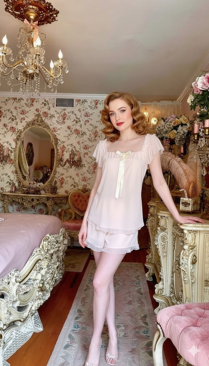 Pink Square Collar Ribbon Pajamas