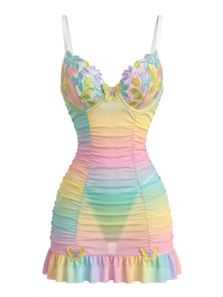 Pastel Rainbow 3D Floral Butterfly Mesh Nightdress, vintage dress, retro fashion, floral print - perfect for women who love vintage and retro fashion