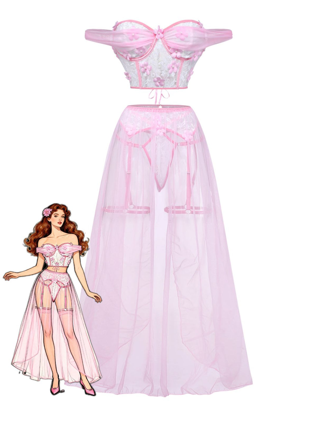 Pink Spaghetti Strap Sheer Pajama Set 3