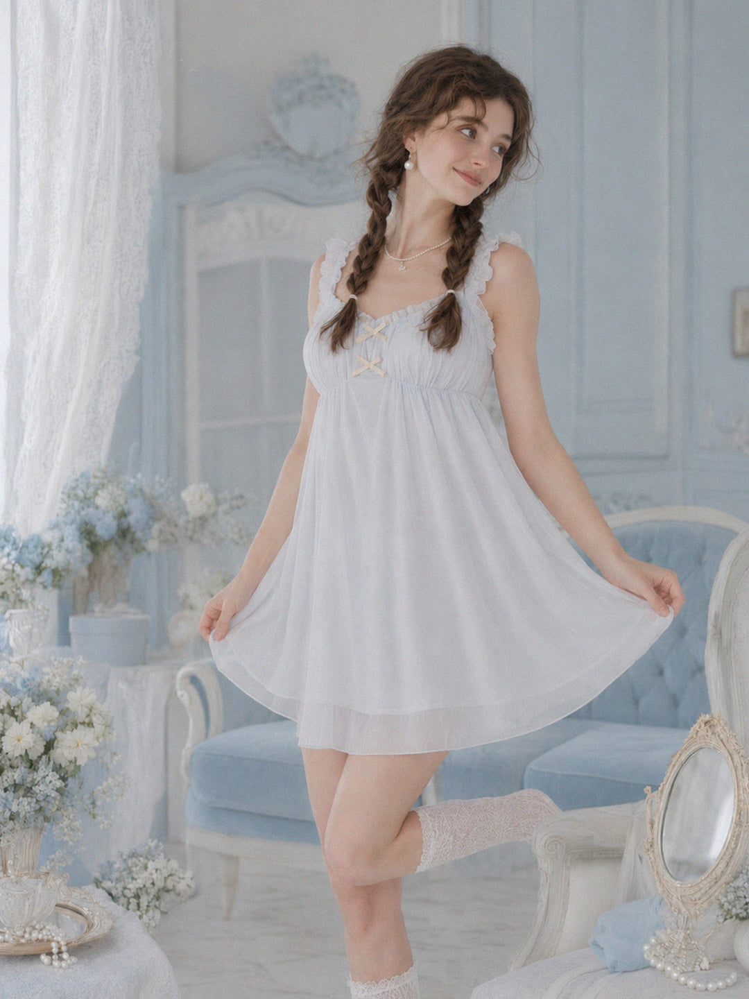 Ruffled Mesh Bow Babydoll Nightgown SCY000747_BL AI model