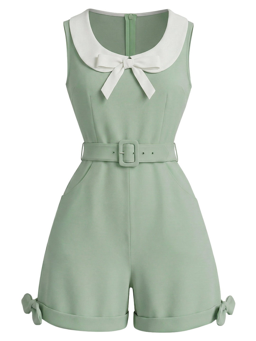 [Pre-Sale] Sage Green 1950s Bow Peter Pan Collar Belted Romper, vintage romper, retro jumpsuit - perfect for women who love vintage and retro fashion
