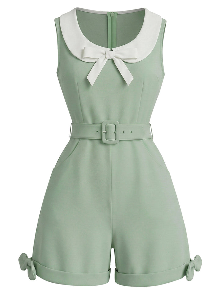 [Pre-Sale] Sage Green 1950s Bow Peter Pan Collar Belted Romper, vintage romper, retro jumpsuit - perfect for women who love vintage and retro fashion