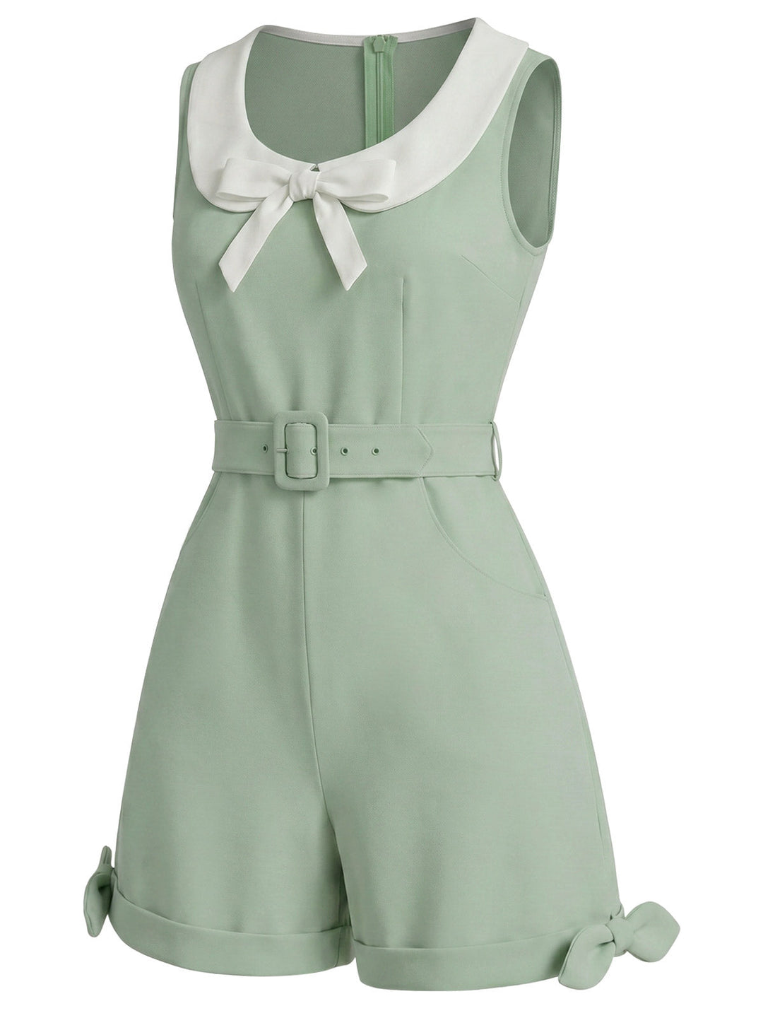 [Pre-Sale] Sage Green 1950s Bow Peter Pan Collar Belted Romper, vintage romper, retro jumpsuit - perfect for women who love vintage and retro fashion
