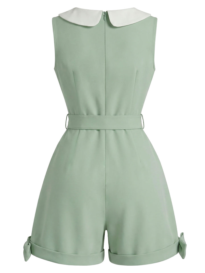 [Pre-Sale] Sage Green 1950s Bow Peter Pan Collar Belted Romper, vintage romper, retro jumpsuit - perfect for women who love vintage and retro fashion