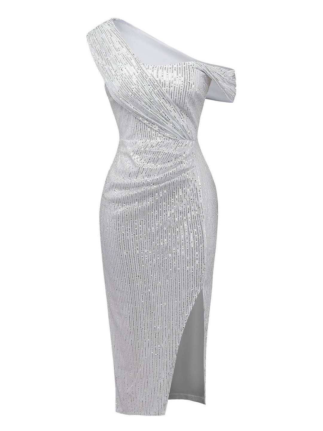 Silver 1920s Sequin One-Shoulder Side-Slit Dress - vintage dress, retro fashion, Gatsby party