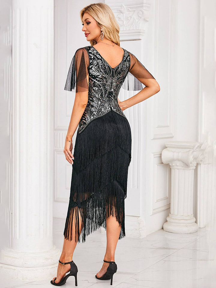 Silver 1920s Sequined Tassel Mesh Patchwork Dress - vintage dress, retro fashion, Gatsby party