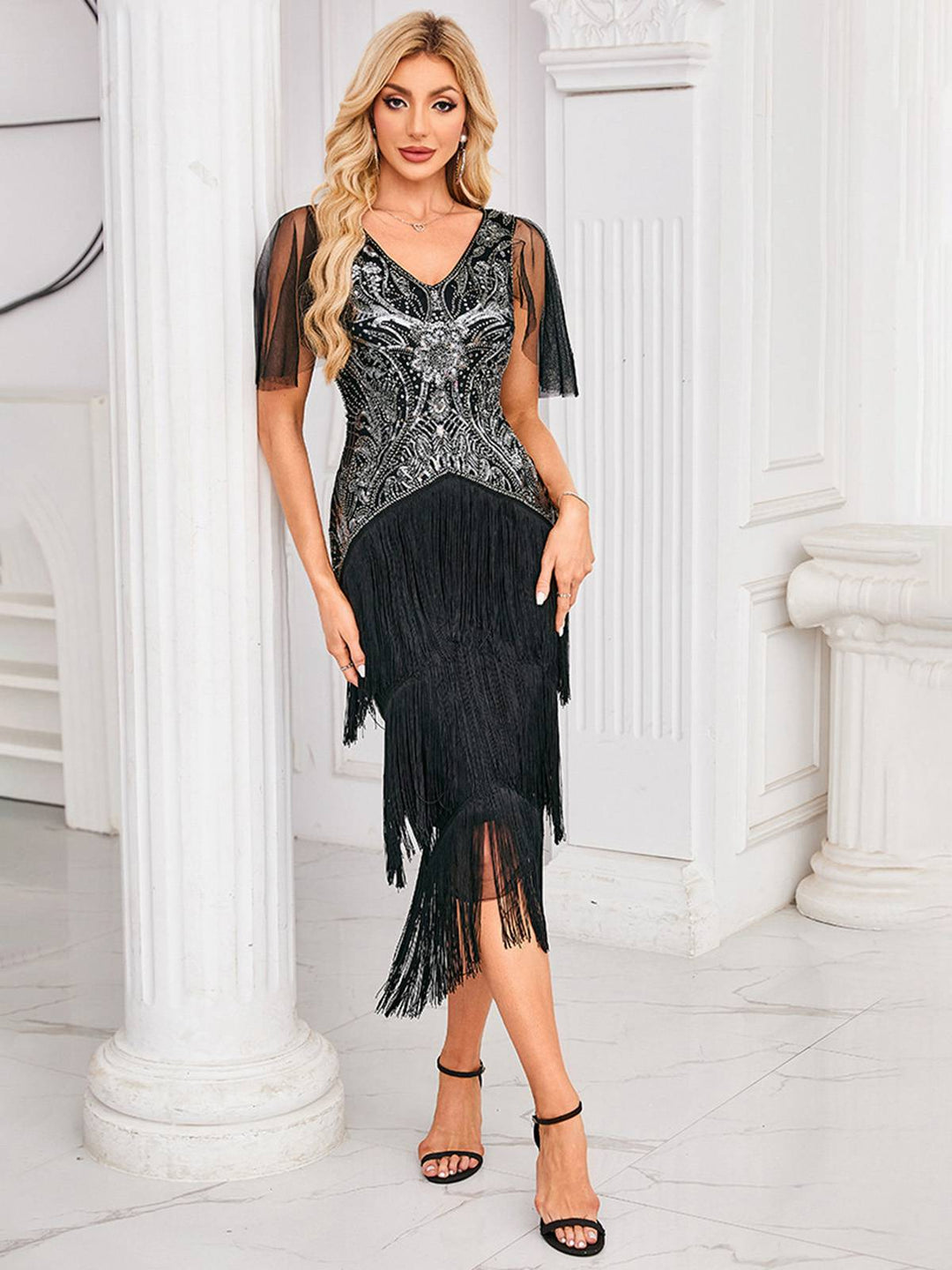 Silver 1920s Sequined Tassel Mesh Patchwork Dress - vintage dress, retro fashion, Gatsby party