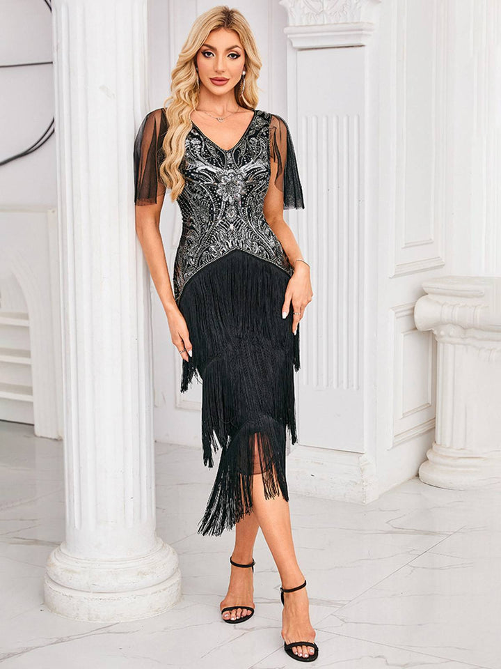 Silver 1920s Sequined Tassel Mesh Patchwork Dress - vintage dress, retro fashion, Gatsby party