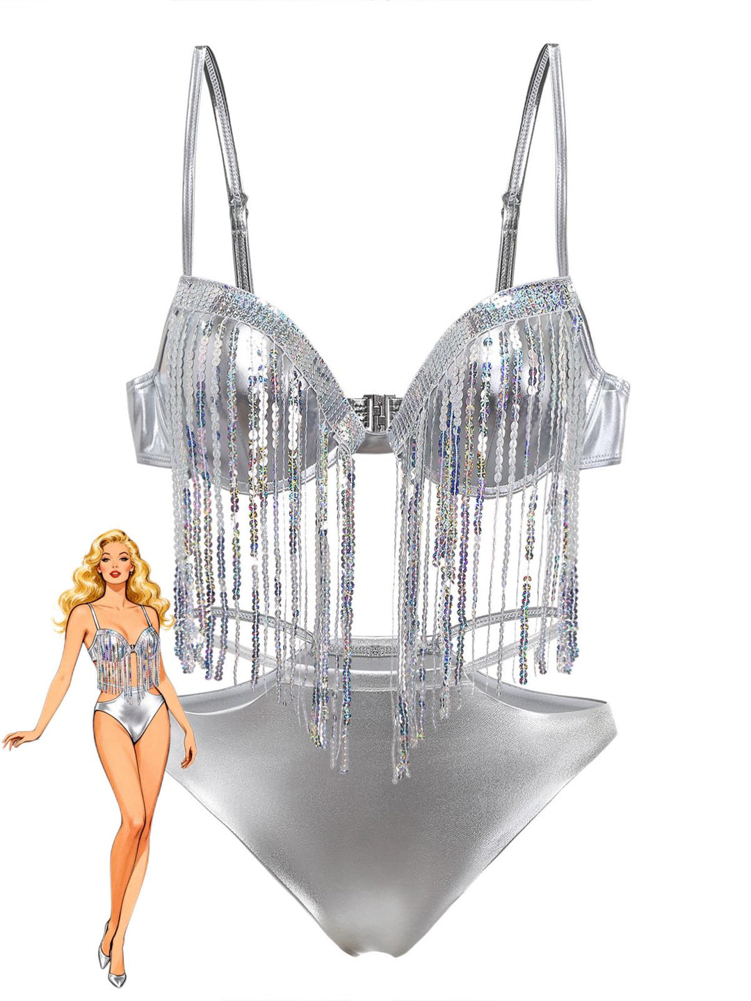 Silver 1970s Holographic Sequin Fringe Bikini Set - vintage fashion, retro style