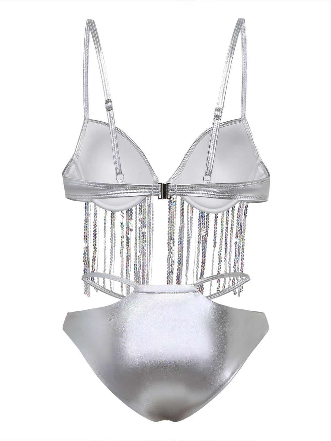 Silver 1970s Holographic Sequin Fringe Bikini Set - vintage fashion, retro style