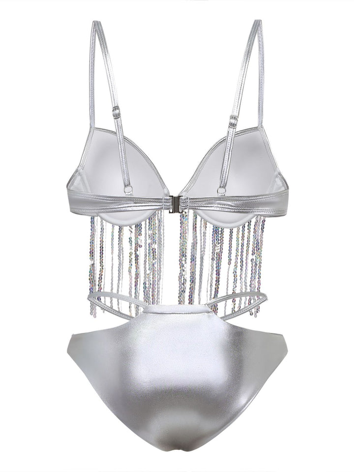 Silver 1970s Holographic Sequin Fringe Bikini Set - vintage fashion, retro style