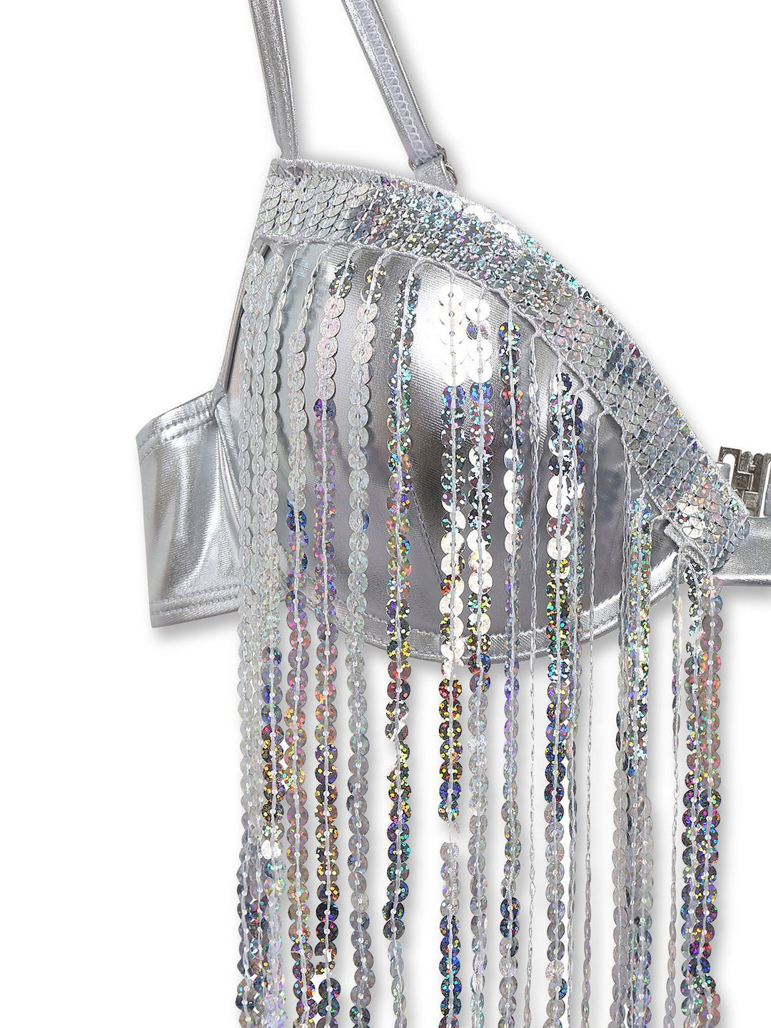 Silver 1970s Holographic Sequin Fringe Bikini Set - vintage fashion, retro style