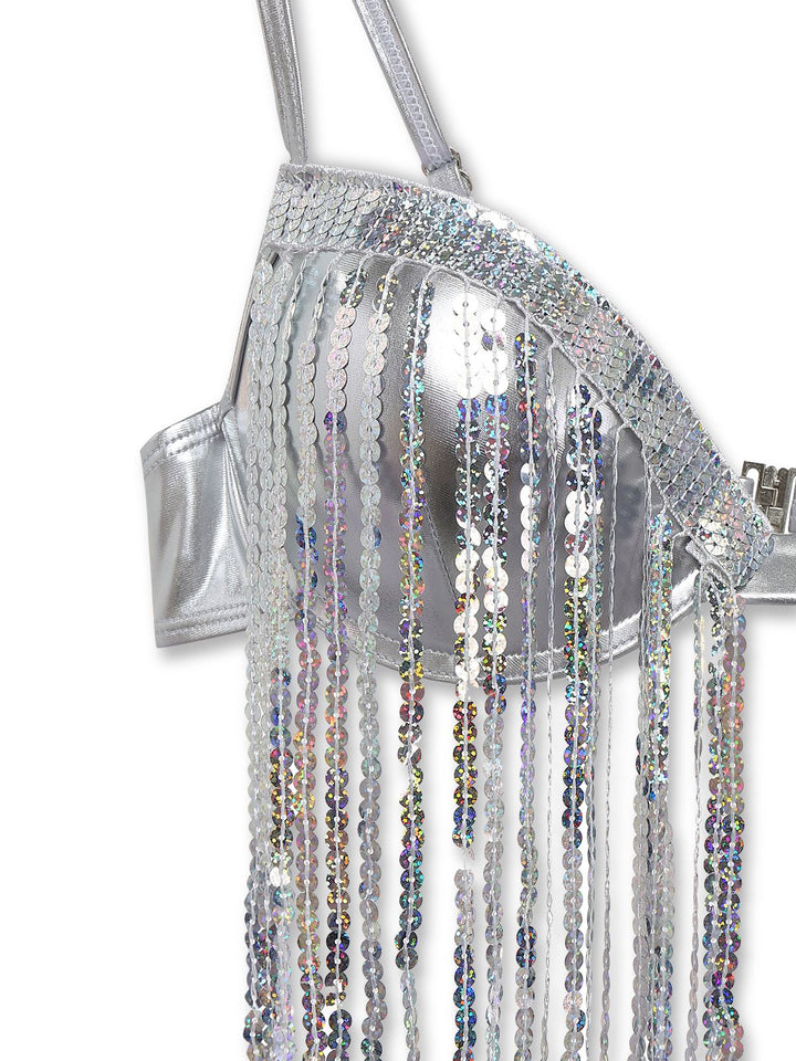 Silver 1970s Holographic Sequin Fringe Bikini Set - vintage fashion, retro style