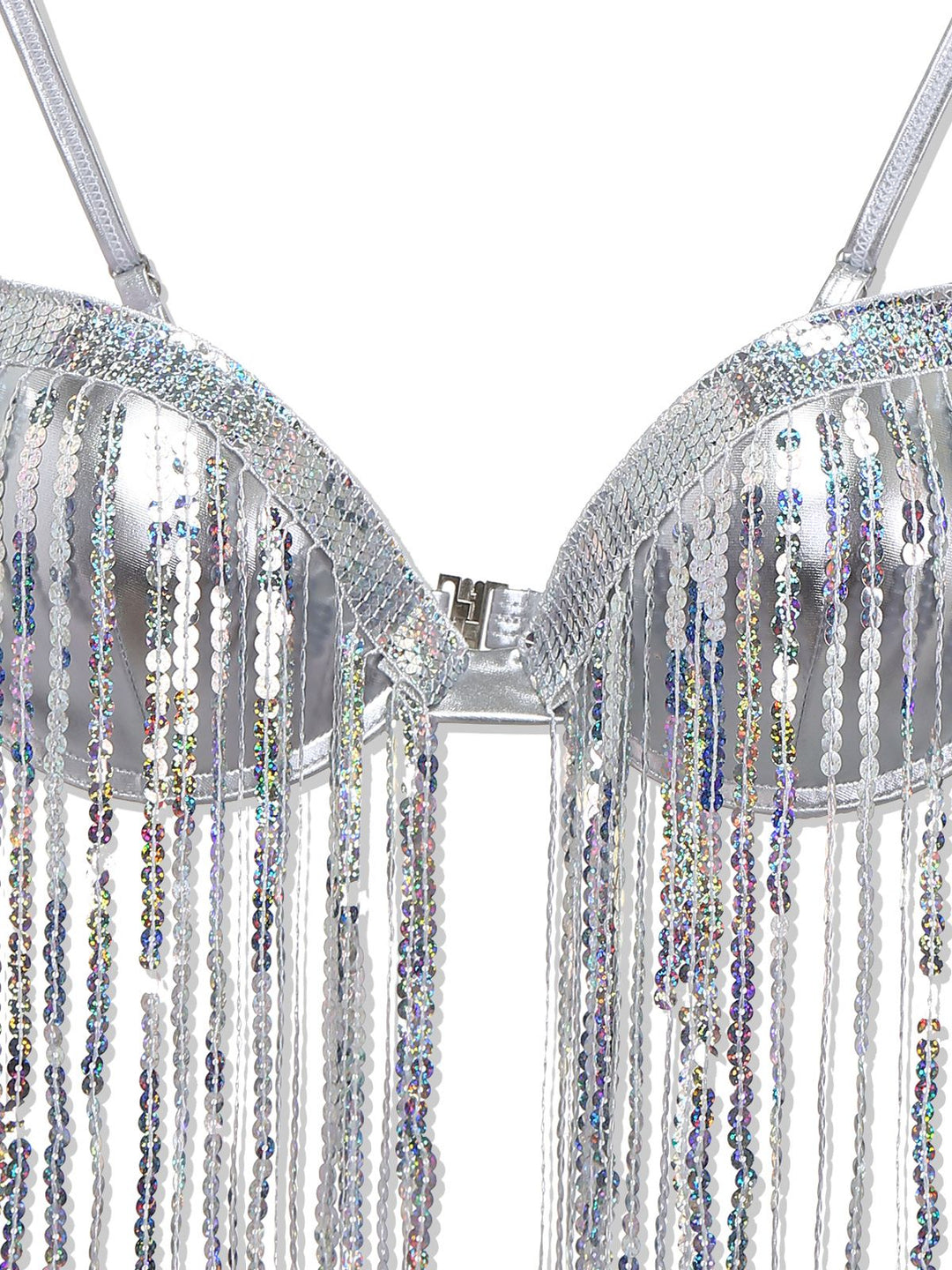 Silver 1970s Holographic Sequin Fringe Bikini Set - vintage fashion, retro style