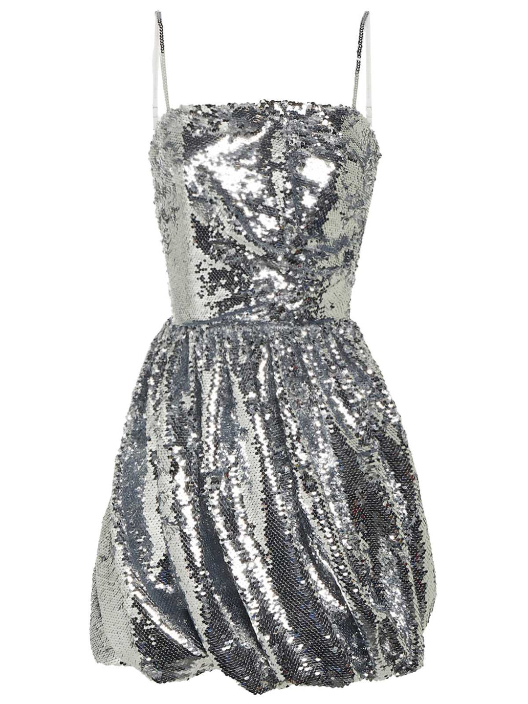 She slips into this Silver 1970s Spaghetti Straps Sequined Tutu Dress and suddenly it&