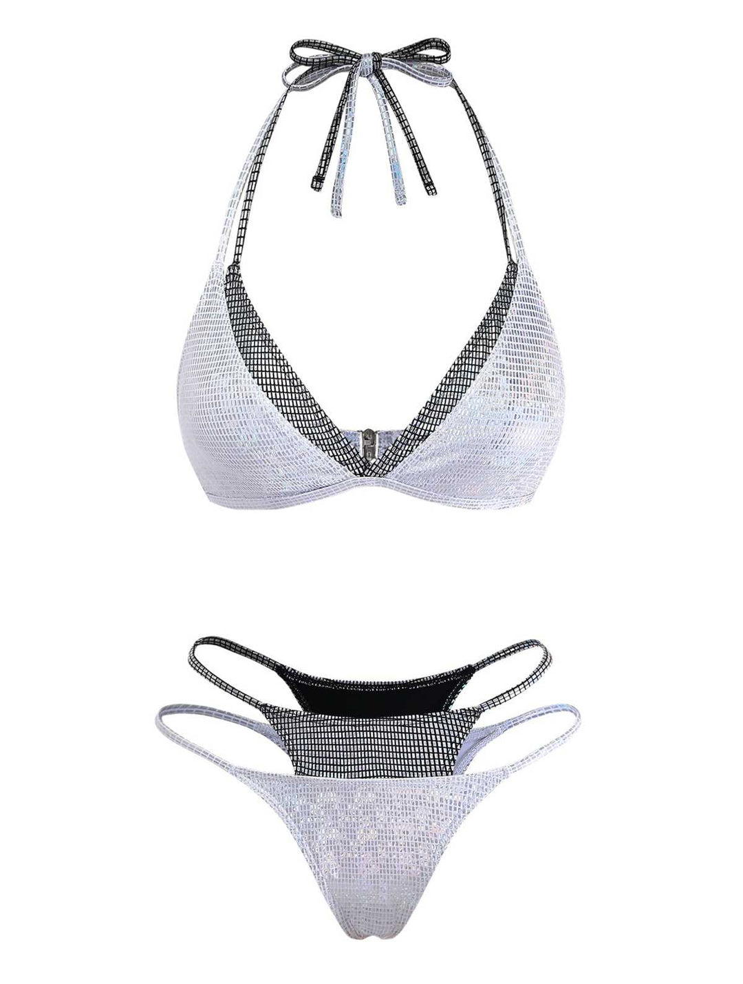 Silver 1980s Halter Shimmer Fake Two-Piece Bikini Set: beautiful vintage swimwear, retro swimsuit, pin-up style with timeless appeal