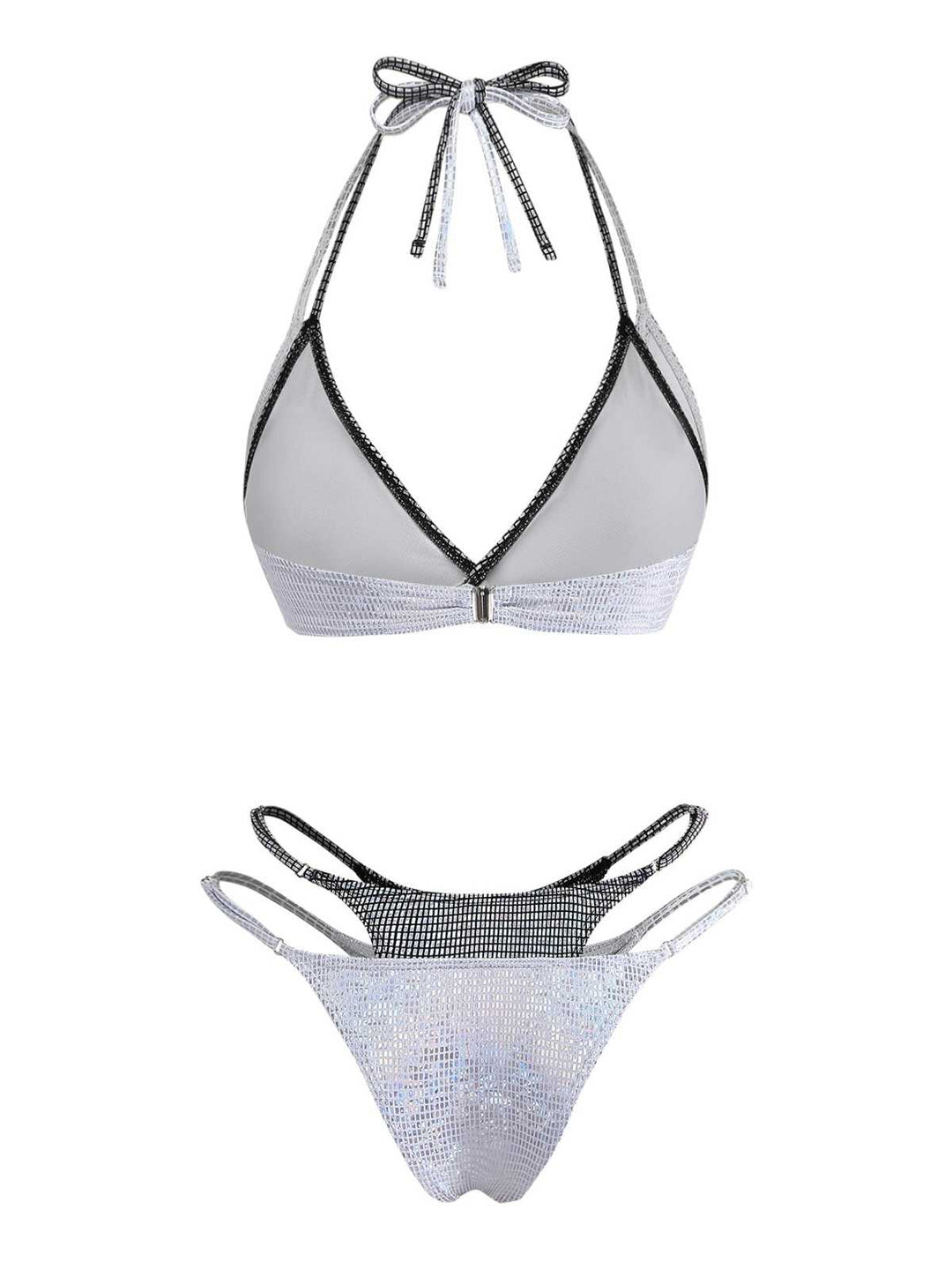 Silver 1980s Halter Shimmer Fake Two-Piece Bikini Set | vintage swimwear, retro swimsuit, pin-up style - perfect for retro fashion enthusiasts
