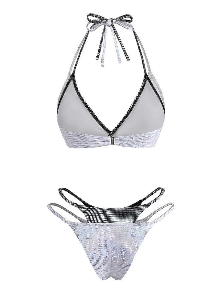Silver 1980s Halter Shimmer Fake Two-Piece Bikini Set | vintage swimwear, retro swimsuit, pin-up style - perfect for retro fashion enthusiasts