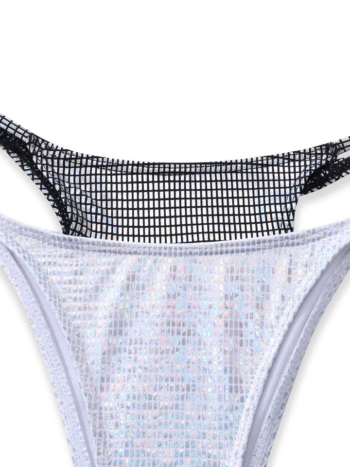 Silver 1980s Halter Shimmer Fake Two-Piece Bikini Set | vintage swimwear, retro swimsuit, pin-up style - perfect for retro fashion enthusiasts
