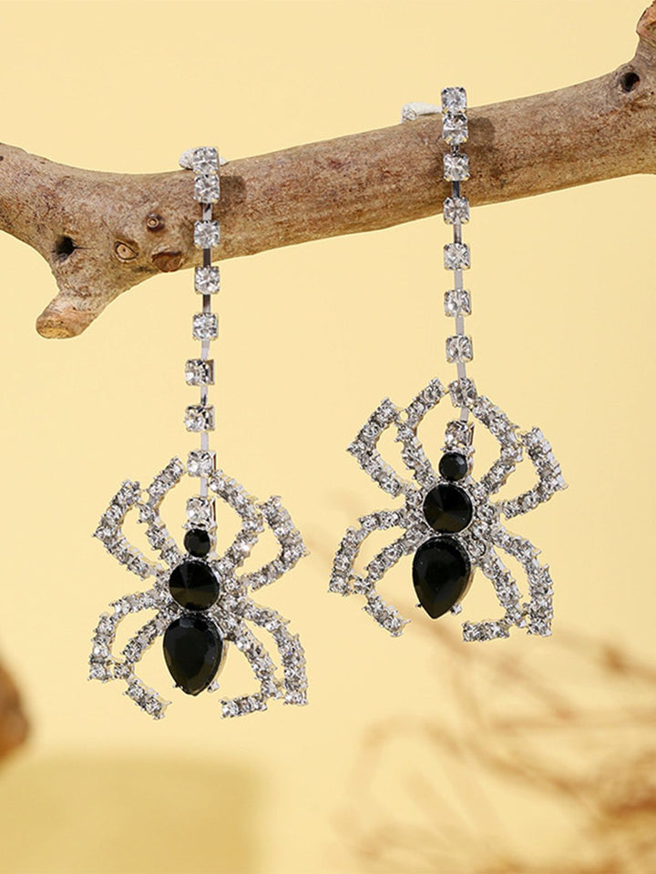 Silver Halloween Rhinestone Spider Drop Earrings - vintage fashion, retro style