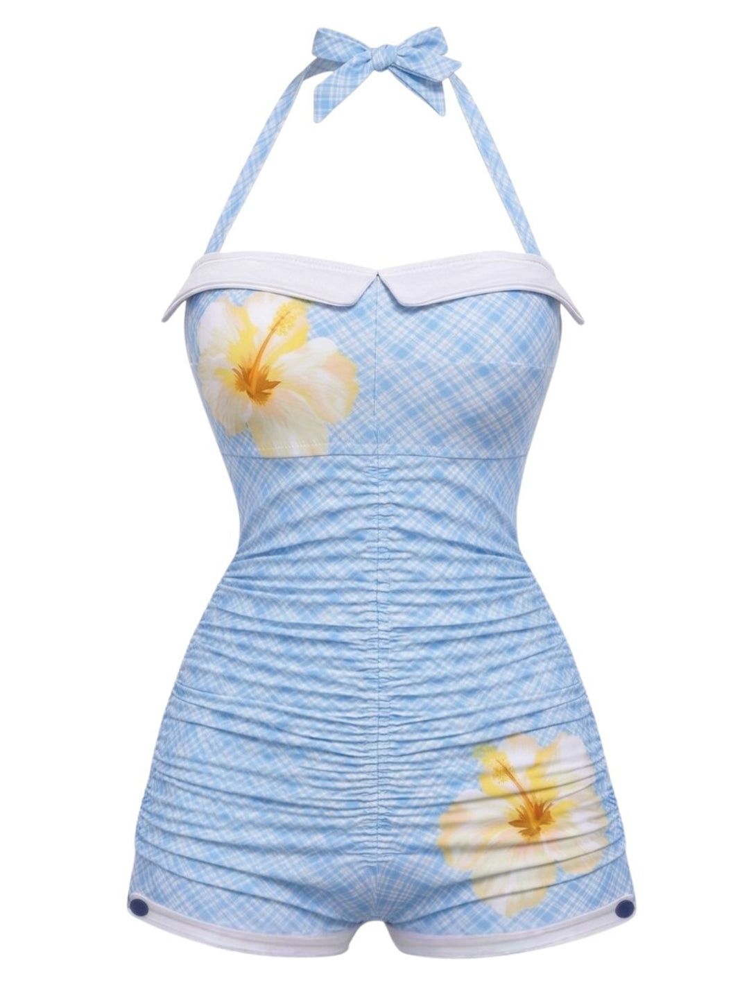 [Pre-Sale] Blue-Green Gingham 1950s Halter Bowknot One-piece Swimsuit
