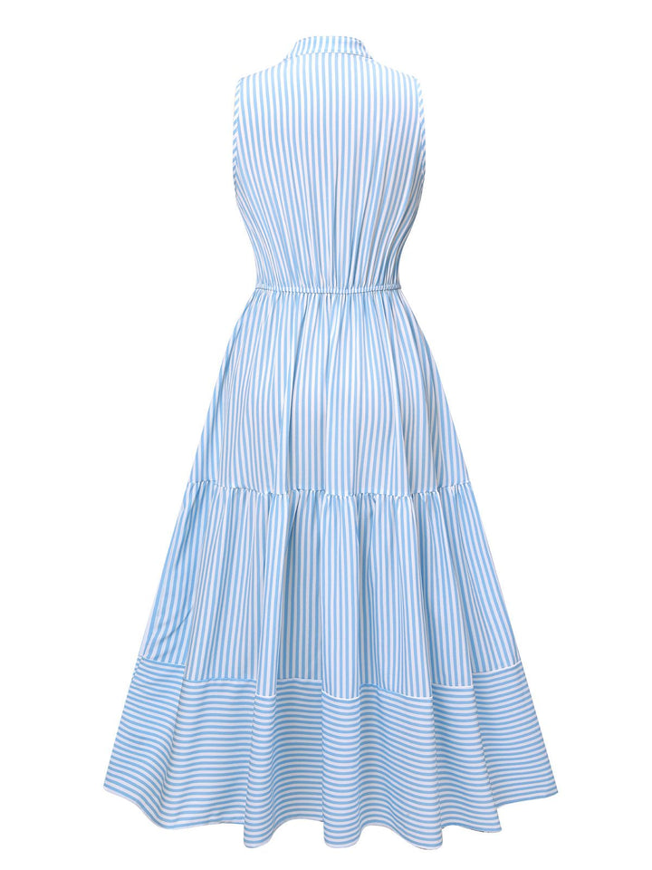 Sky Blue 1940s Stripes Stand Collar Dress, vintage dress, retro fashion - perfect for women who love vintage and retro fashion