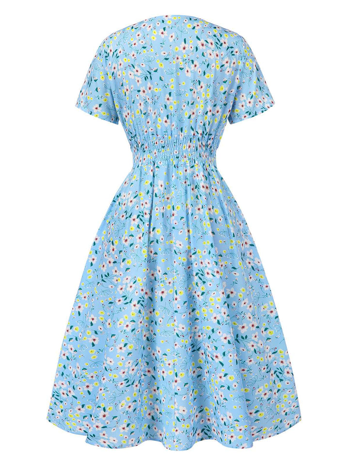 Sky Blue 1950s Floral V-Neck A-line Dress, vintage dress, retro fashion, rockabilly, pin-up fashion - perfect for women who love vintage and retro fashion
