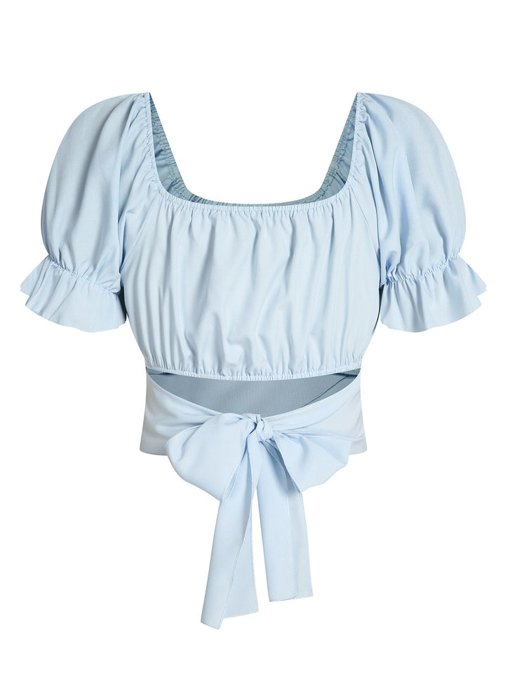 Sky Blue 1950s Solid Puff Sleeves Tops - vintage fashion, retro style