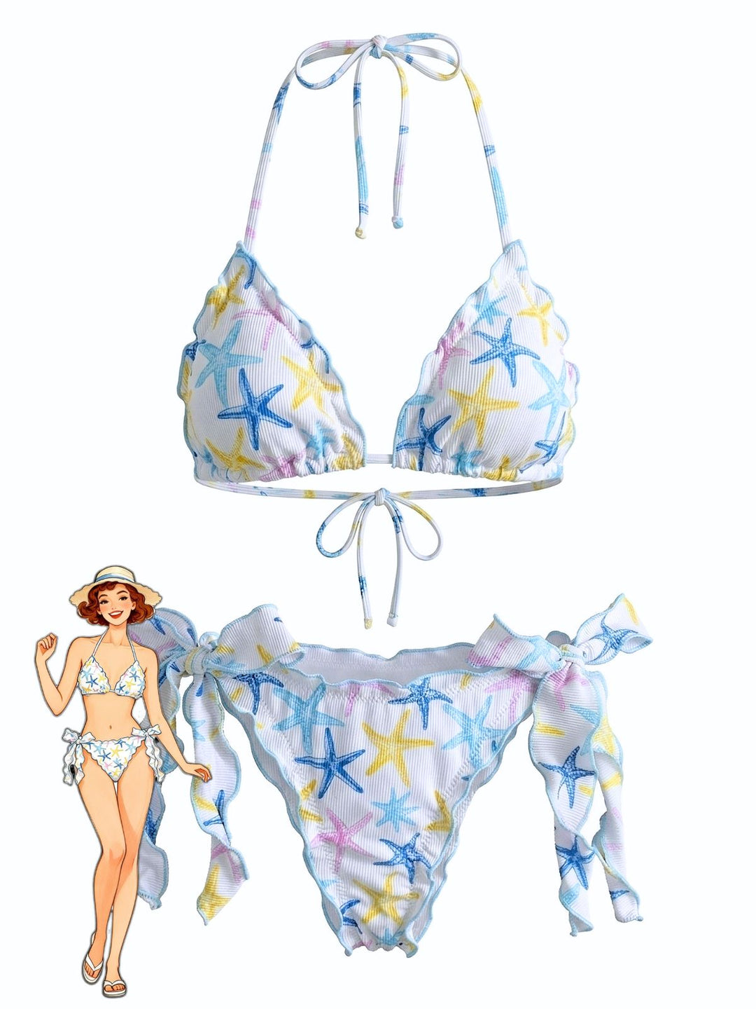 Sky Blue Starfish Print Halter Bow Tie Bikini Set - vintage swimsuit, swimwear for vintage lovers
