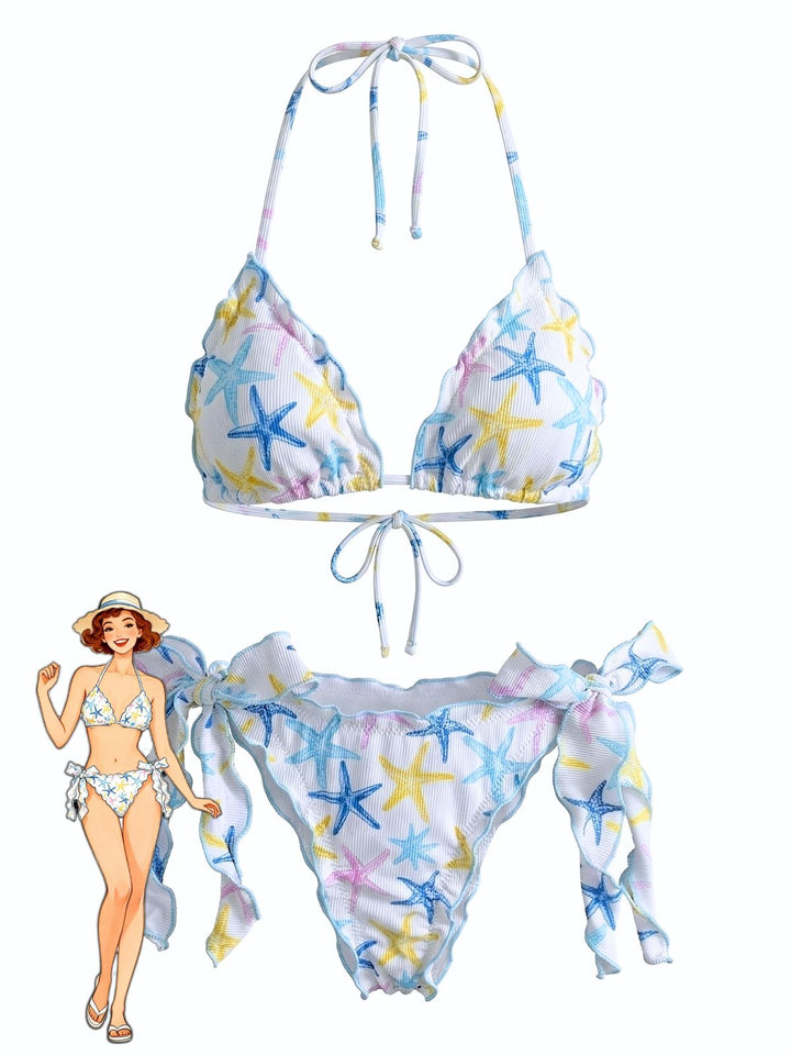 Sky Blue Starfish Print Halter Bow Tie Bikini Set - vintage swimsuit, swimwear for vintage lovers