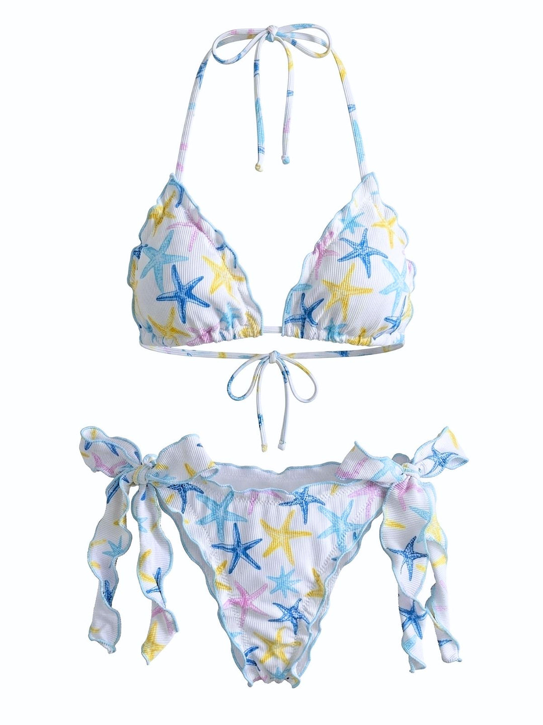 Sky Blue Starfish Print Halter Bow Tie Bikini Set - vintage swimsuit, swimwear for vintage lovers