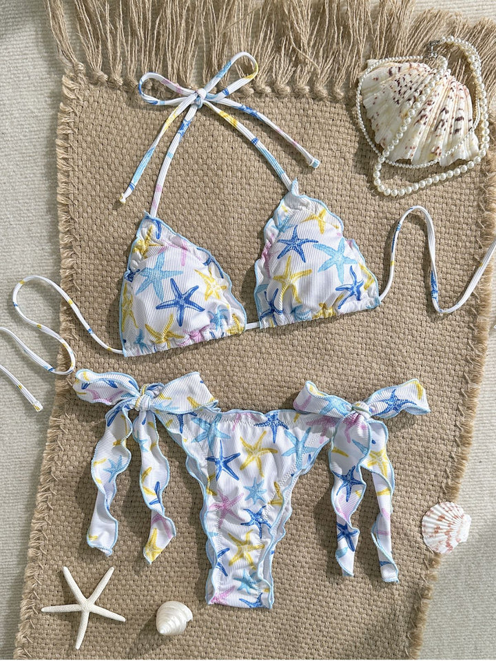 Sky Blue Starfish Print Halter Bow Tie Bikini Set - vintage swimsuit, swimwear for vintage lovers