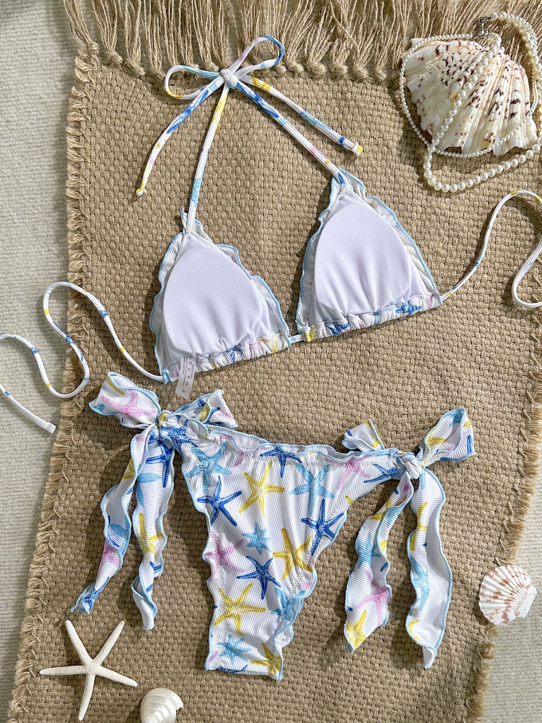 Sky Blue Starfish Print Halter Bow Tie Bikini Set - vintage swimsuit, swimwear for vintage lovers