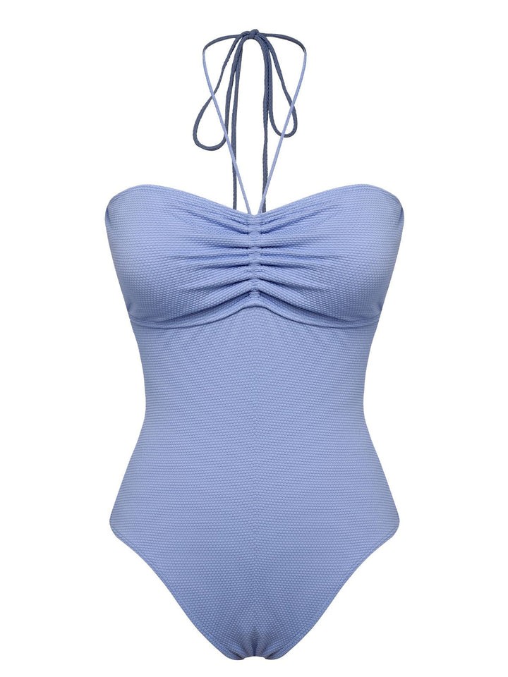 Sky Blue 1970s Solid Drawstring Bandeau Swimsuit, vintage swimsuit, pin-up swimwear - perfect for women who love vintage and retro fashion
