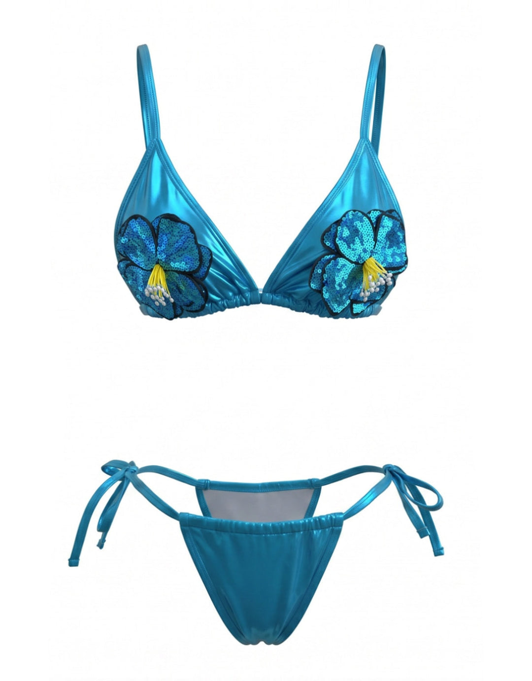Sky Blue Sequined 3D Floral Bikini Set, vintage swimsuit, swimwear - perfect for women who love vintage and retro fashion